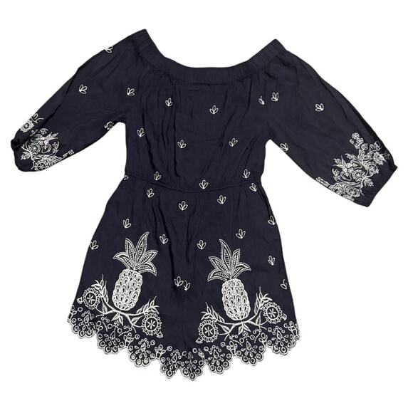 Farm Rio for Anthropologie Pineapple Embroidered Linen Romper Size Small Navy - Picture 3 of 5